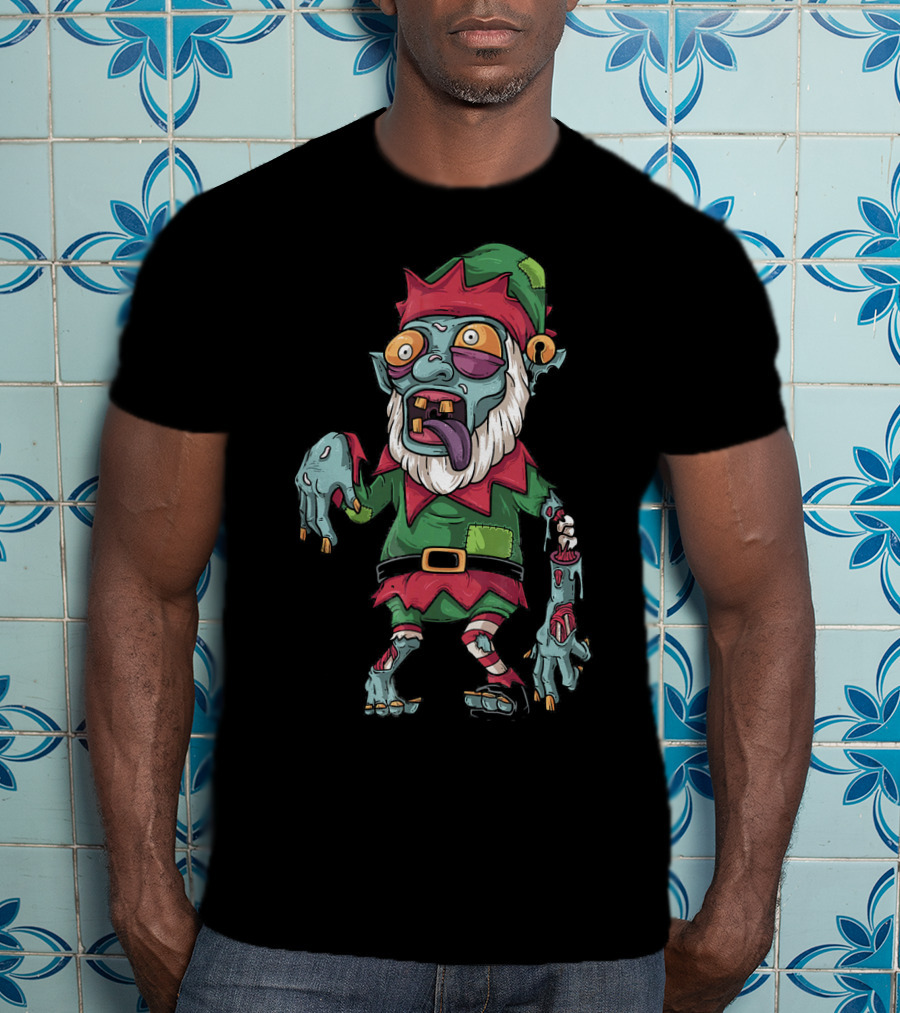 Zombie Christmas Elf Funny Cartoon Holiday T-Shirt