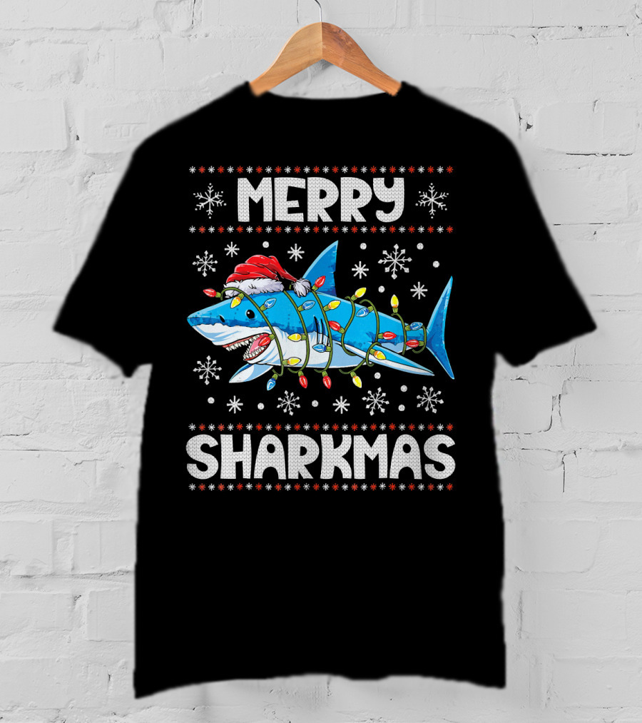 Merry Sharkmas Shark Santa With Lights And Snowflakes T-Shirt
