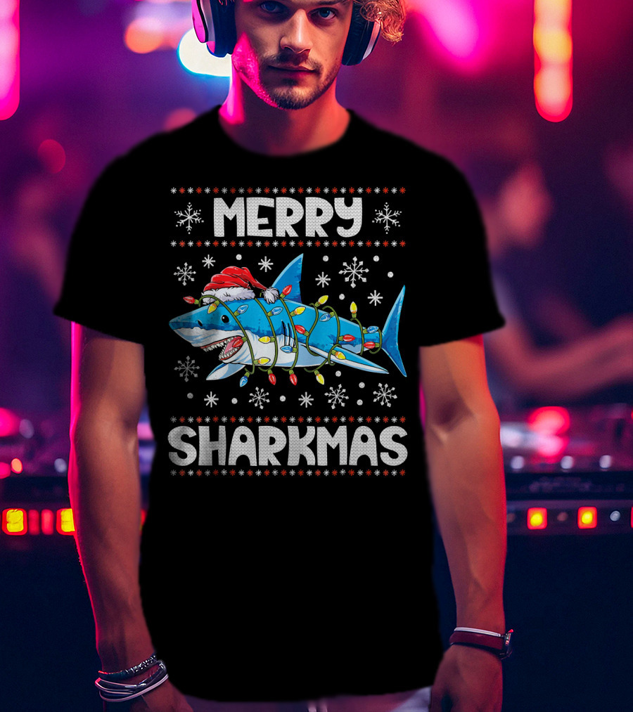 Merry Sharkmas Shark Santa With Lights And Snowflakes T-Shirt