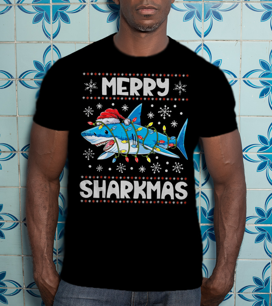 Merry Sharkmas Shark Santa With Lights And Snowflakes T-Shirt