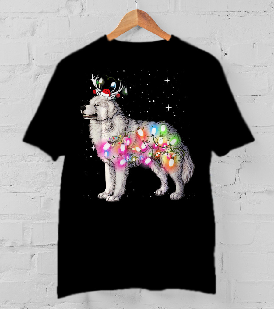 Christmas Lights Great Pyrenees With Reindeer Antlers And Santa Hat T-Shirt