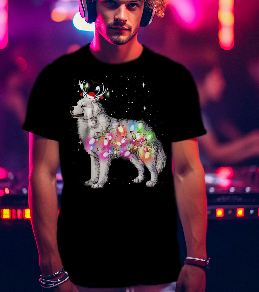 Christmas Lights Great Pyrenees With Reindeer Antlers And Santa Hat T-Shirt