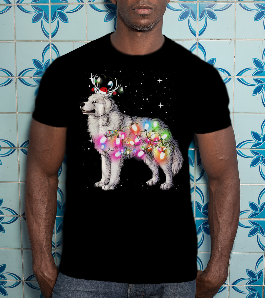 Christmas Lights Great Pyrenees With Reindeer Antlers And Santa Hat T-Shirt