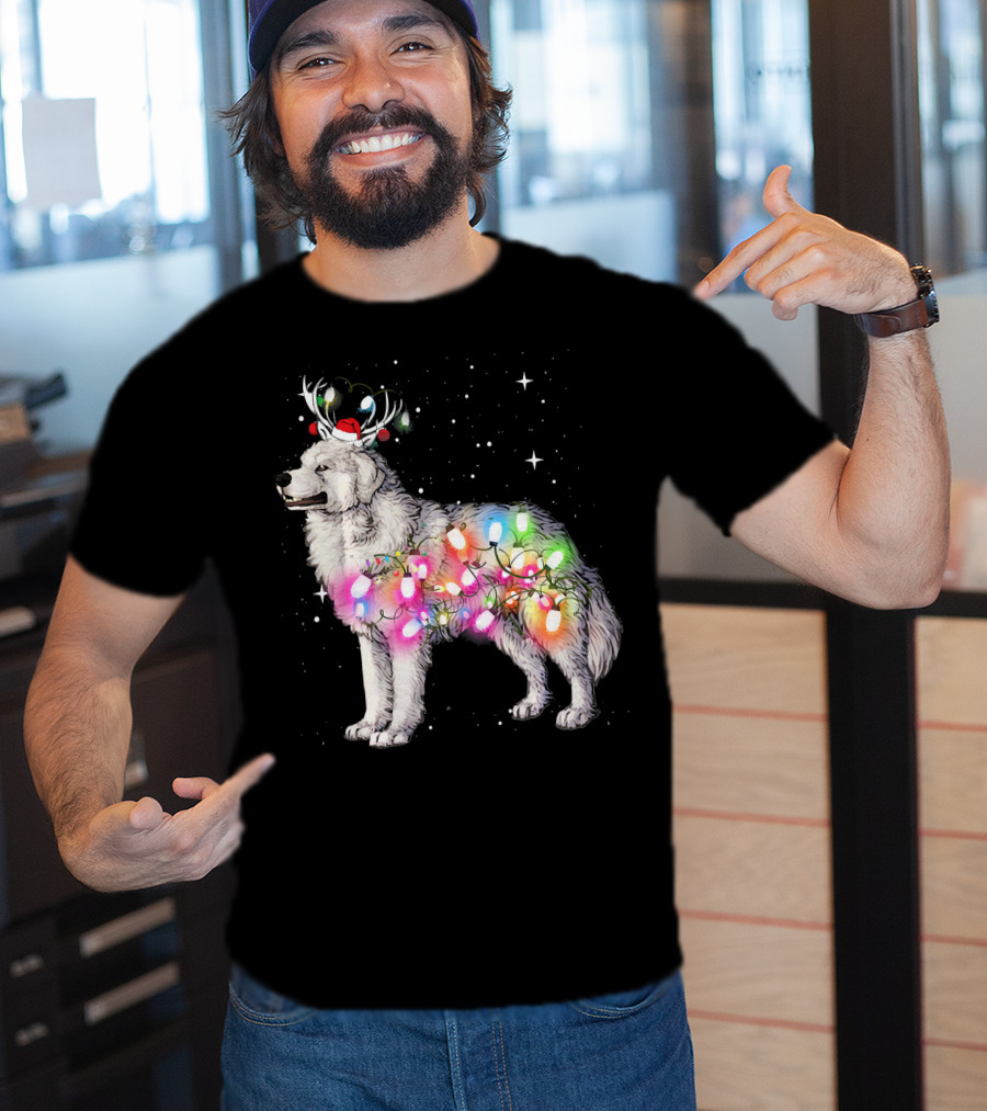Christmas Lights Great Pyrenees With Reindeer Antlers And Santa Hat T-Shirt