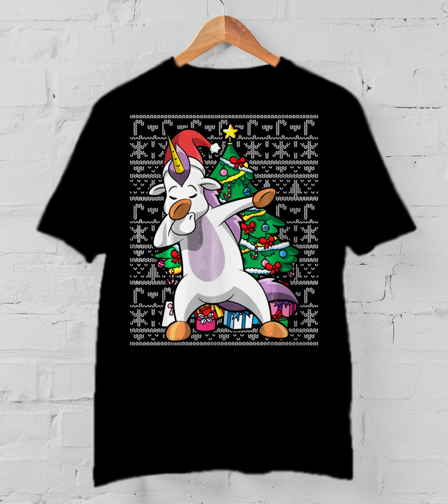 Unicorn Dabbing In Santa Hat By The Christmas Tree With Gifts T-Shirt