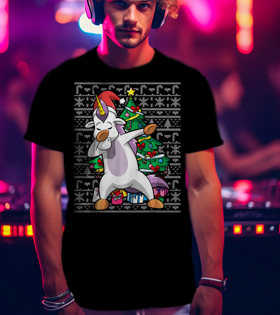 Unicorn Dabbing In Santa Hat By The Christmas Tree With Gifts T-Shirt