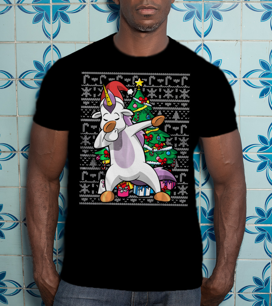 Unicorn Dabbing In Santa Hat By The Christmas Tree With Gifts T-Shirt