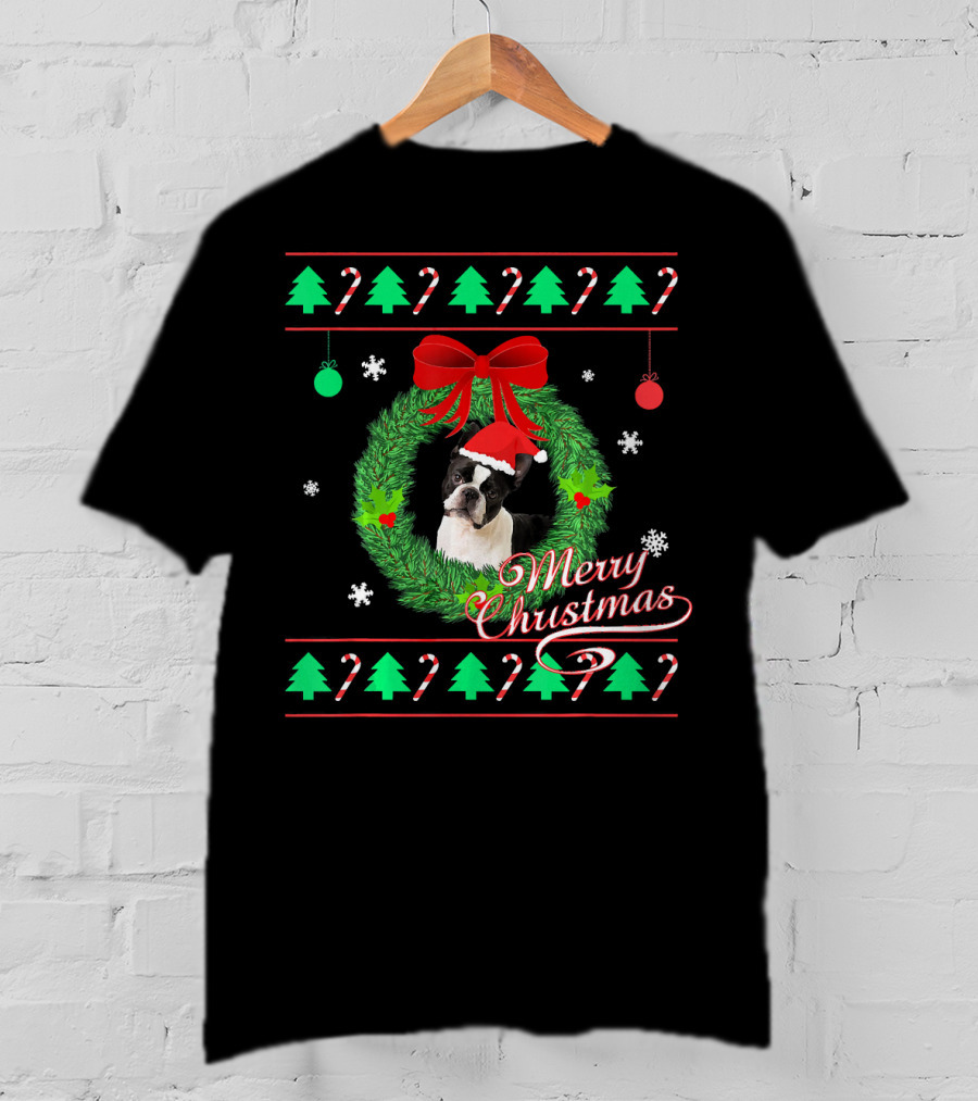 Merry Christmas Boston Terrier Wreath Candy Cane Trees T-Shirt
