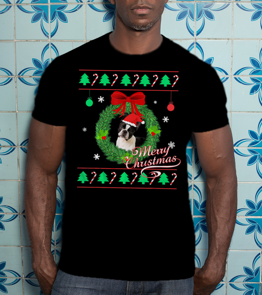 Merry Christmas Boston Terrier Wreath Candy Cane Trees T-Shirt