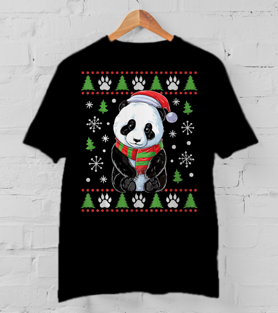 Panda Santa Ugly Christmas Sweater With Trees And Snowflakes T-Shirt
