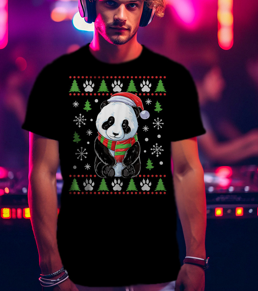 Panda Santa Ugly Christmas Sweater With Trees And Snowflakes T-Shirt