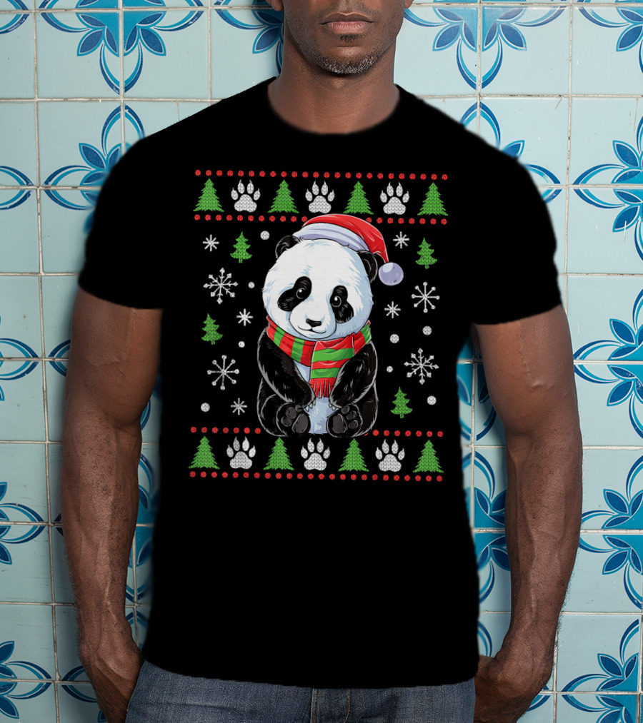 Panda Santa Ugly Christmas Sweater With Trees And Snowflakes T-Shirt