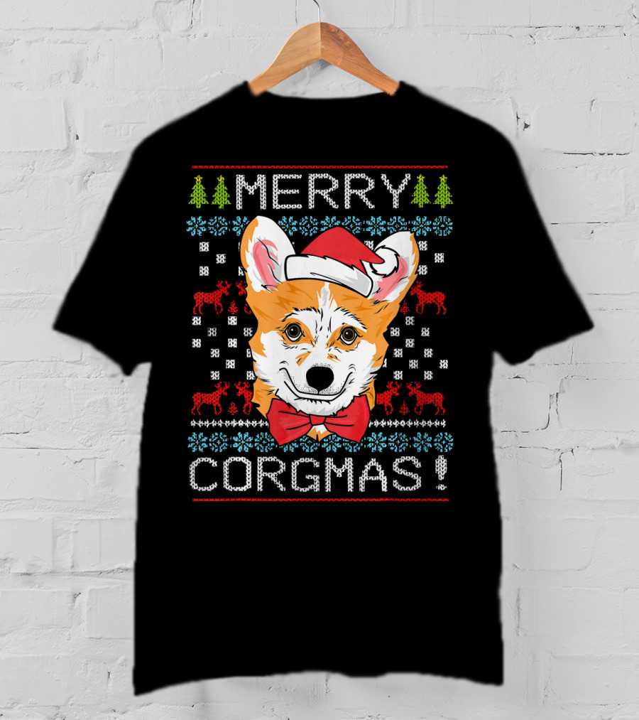 Merry Corgmas Christmas Corgi Santa Hat Festive Trees Bowtie Reindeer T-Shirt