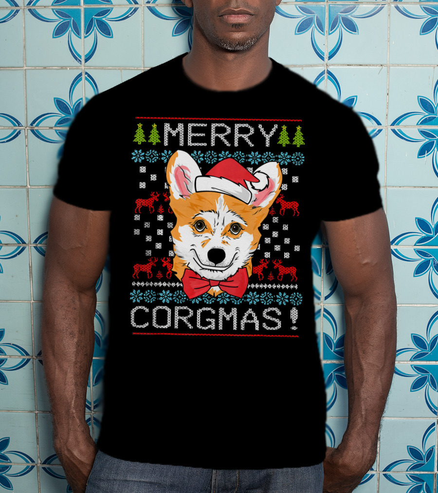Merry Corgmas Christmas Corgi Santa Hat Festive Trees Bowtie Reindeer T-Shirt