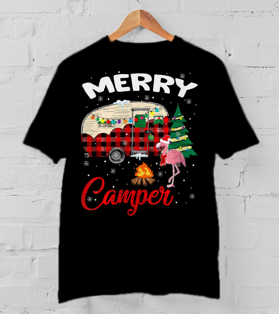 Merry Camper Christmas Camping Flamingo And Campfire Scene T-Shirt