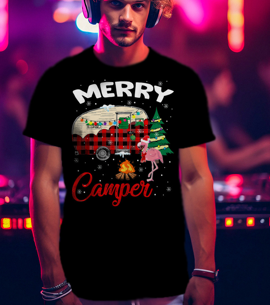 Merry Camper Christmas Camping Flamingo And Campfire Scene T-Shirt