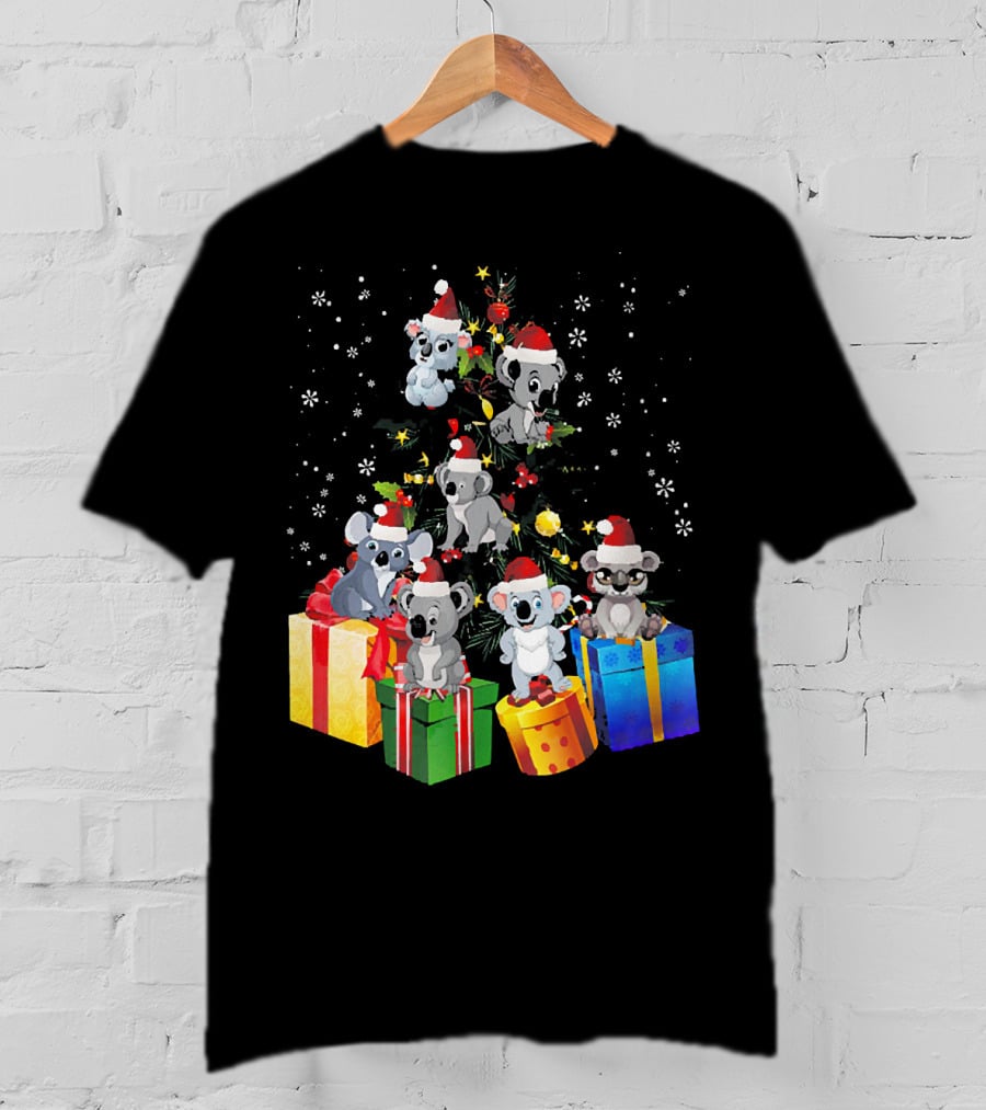 Christmas Koala With Santa Hats And Gifts On Snowy Pine Tree T-Shirt