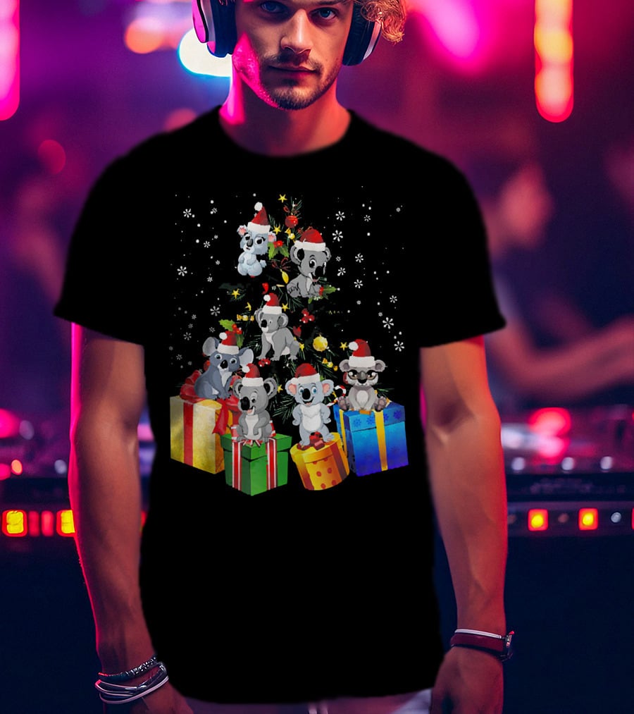 Christmas Koala With Santa Hats And Gifts On Snowy Pine Tree T-Shirt