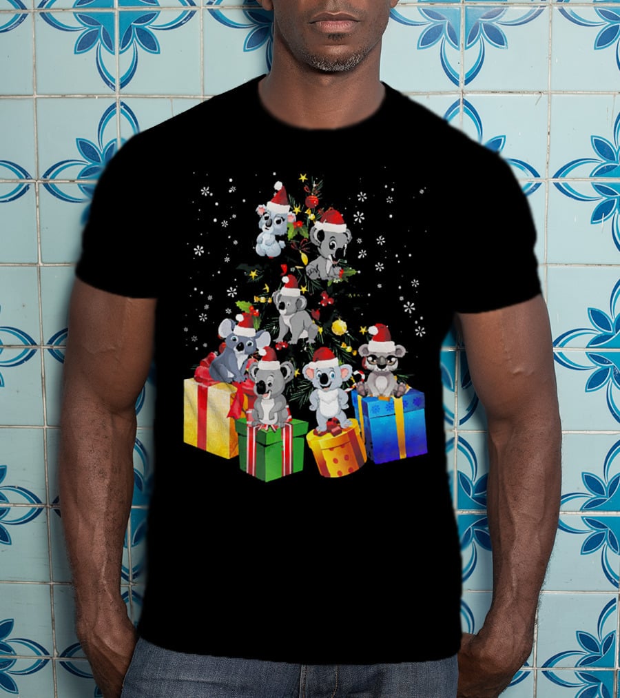 Christmas Koala With Santa Hats And Gifts On Snowy Pine Tree T-Shirt