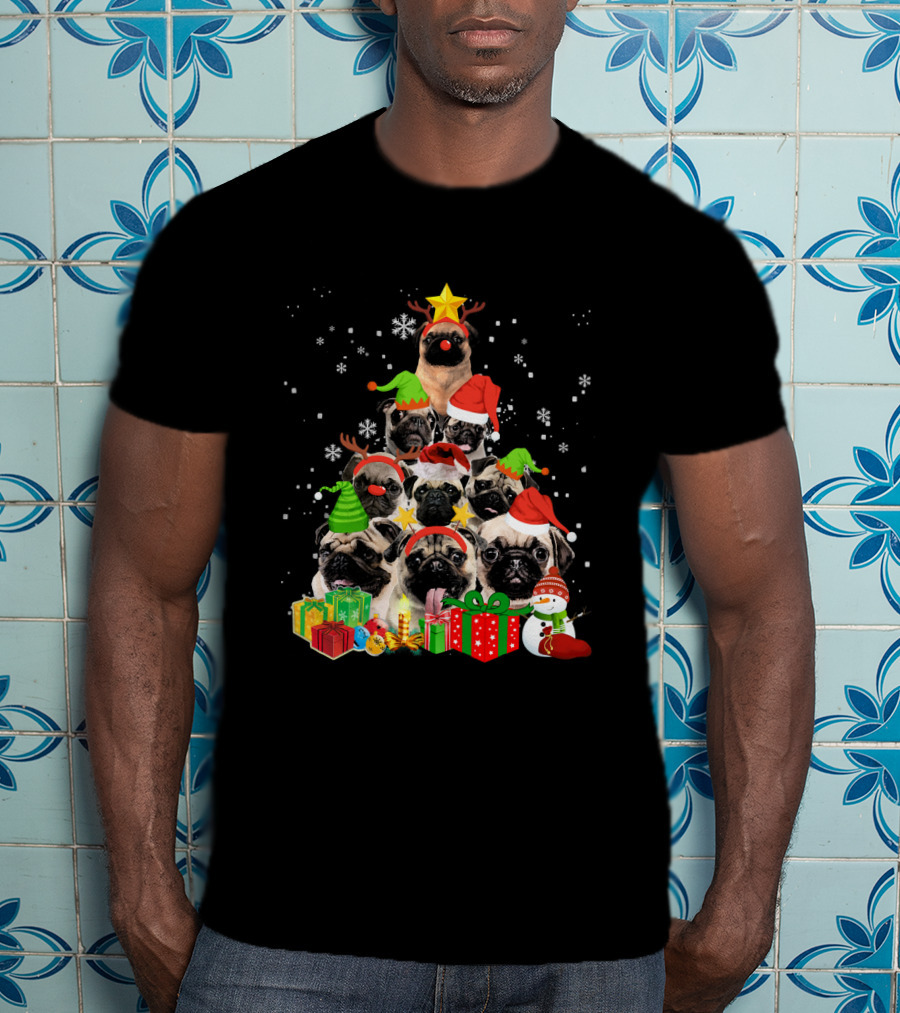 Funny Pug Christmas Tree Xmas With Santa Hats Snowflakes And Gifts T-Shirt