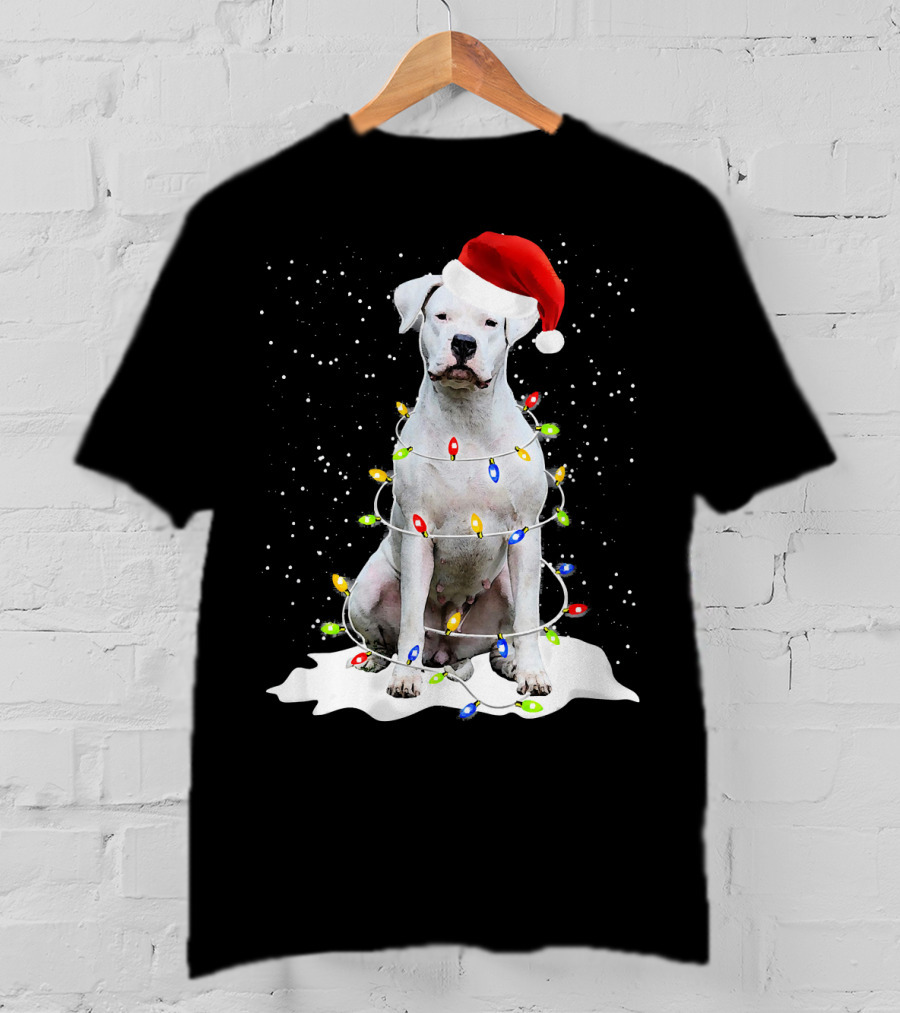 Dogo Argentino Christmas Lights Santa Hat Snow Holiday T-Shirt