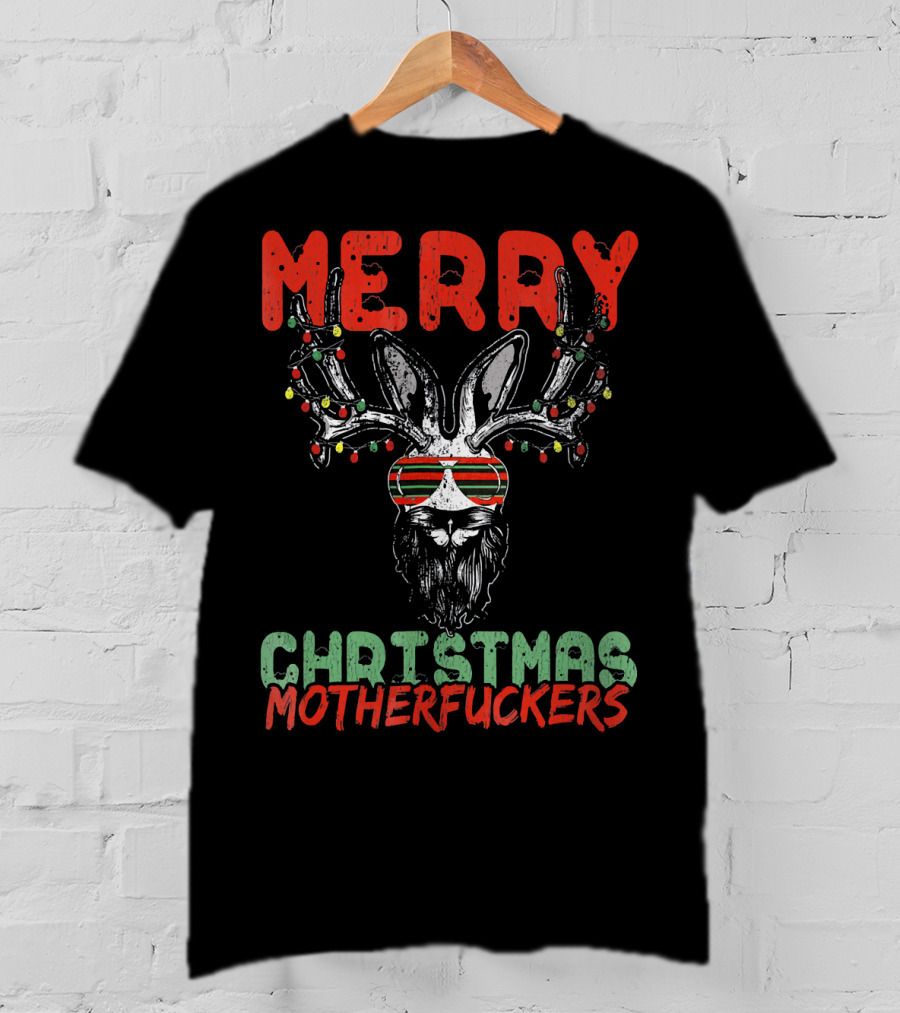 Merry Christmas Motherfuckers Reindeer Skull Holiday Lights T-Shirt