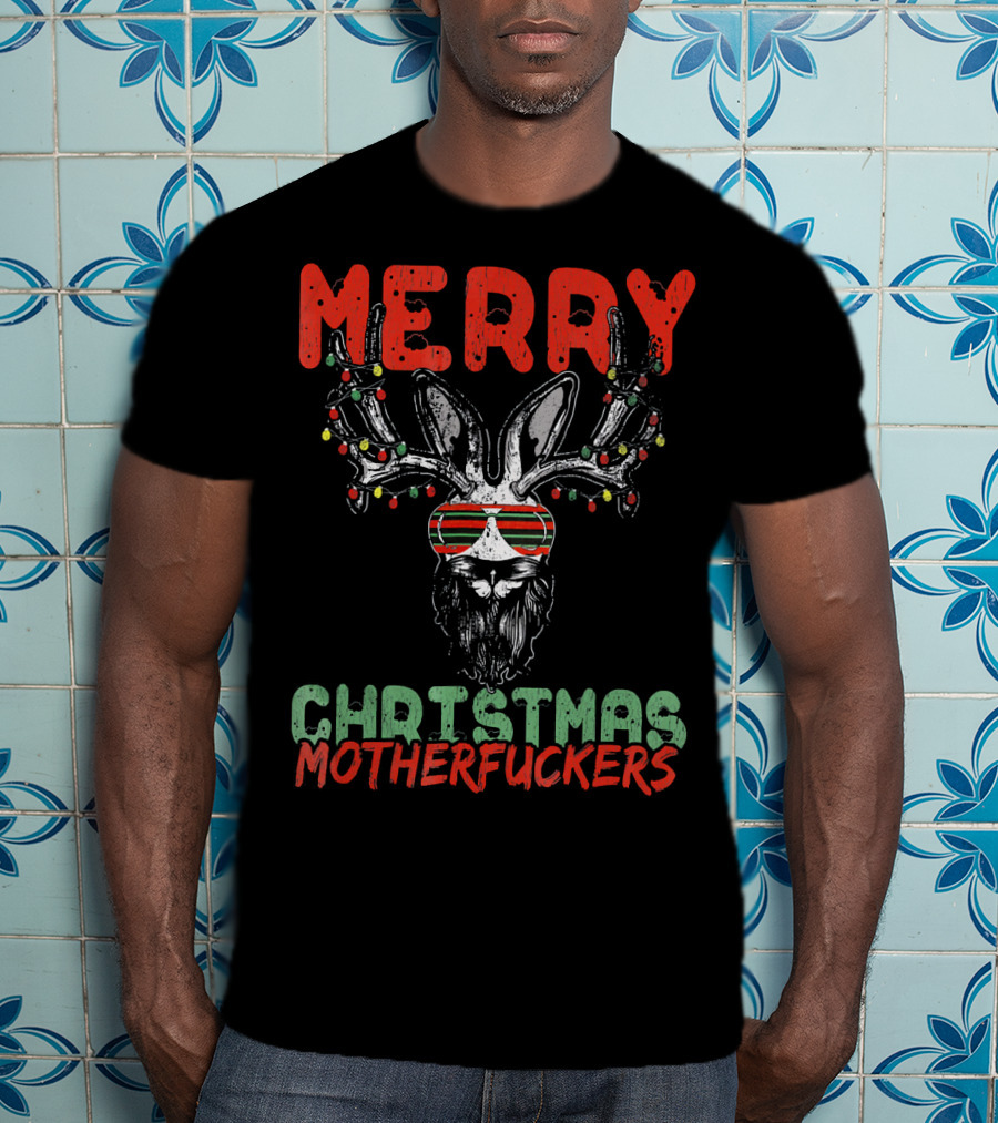Merry Christmas Motherfuckers Reindeer Skull Holiday Lights T-Shirt