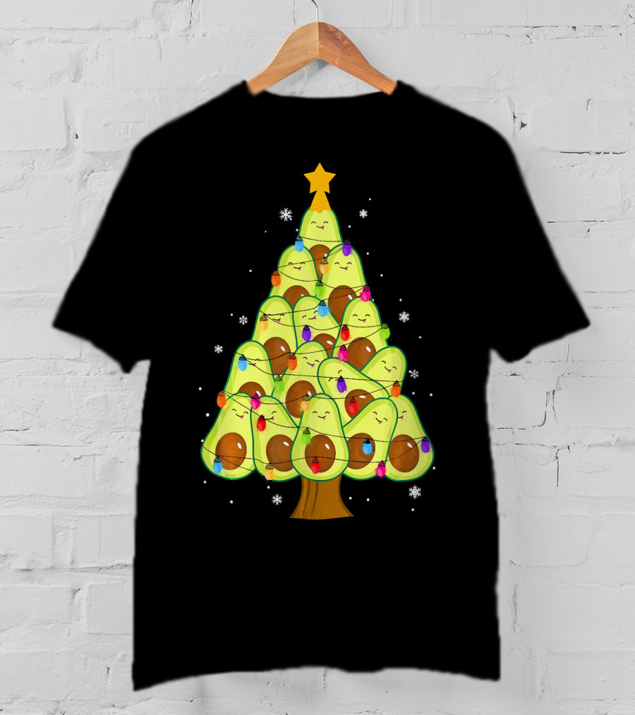 Avocado Christmas Tree With Colorful Lights Vegan Guac Green T-Shirt