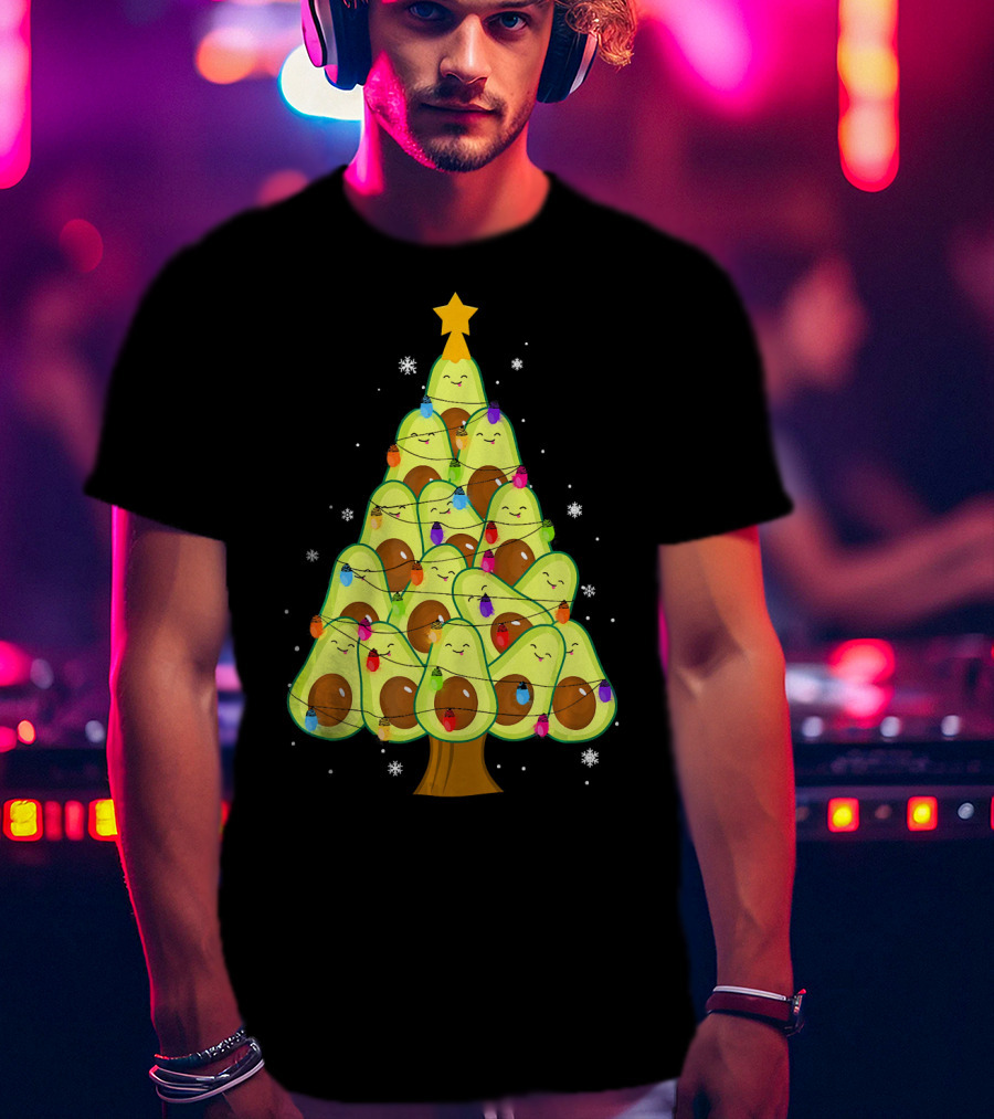 Avocado Christmas Tree With Colorful Lights Vegan Guac Green T-Shirt
