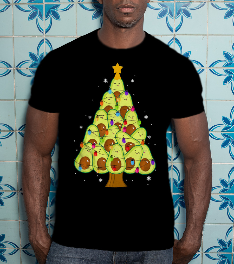 Avocado Christmas Tree With Colorful Lights Vegan Guac Green T-Shirt