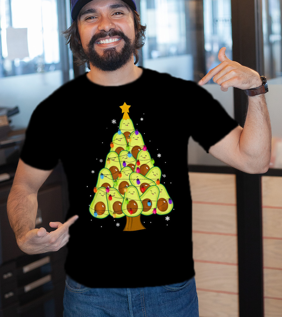 Avocado Christmas Tree With Colorful Lights Vegan Guac Green T-Shirt