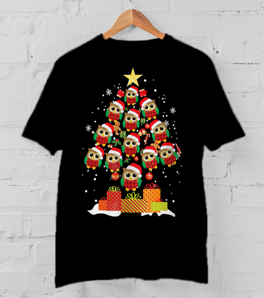 Owl Christmas Tree With Santa Hats And Presents For Owl Lovers T-Shirt