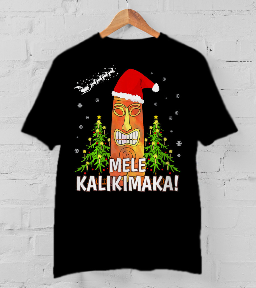 Mele Kalikimaka Santa Hat Tiki Christmas Trees Snowflakes Santa Sleigh T-Shirt