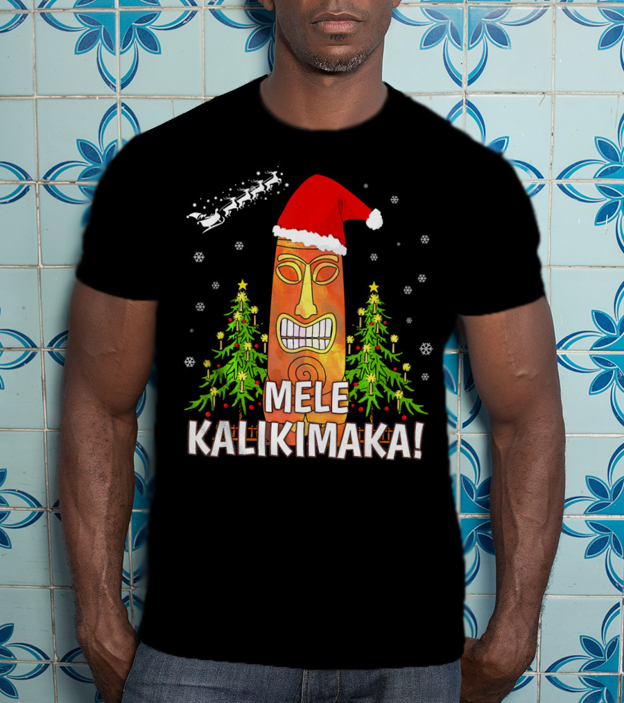 Mele Kalikimaka Santa Hat Tiki Christmas Trees Snowflakes Santa Sleigh T-Shirt