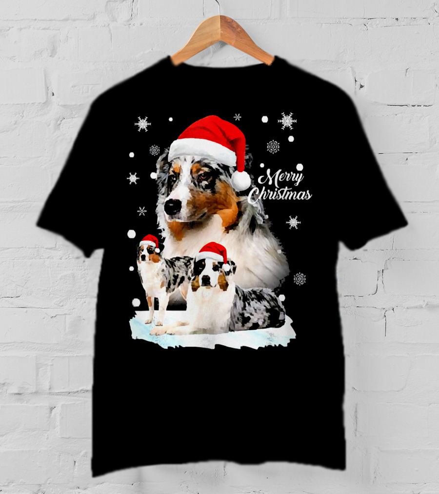 Australian Shepherds Merry Christmas Santa Hats Snowflakes T-Shirt
