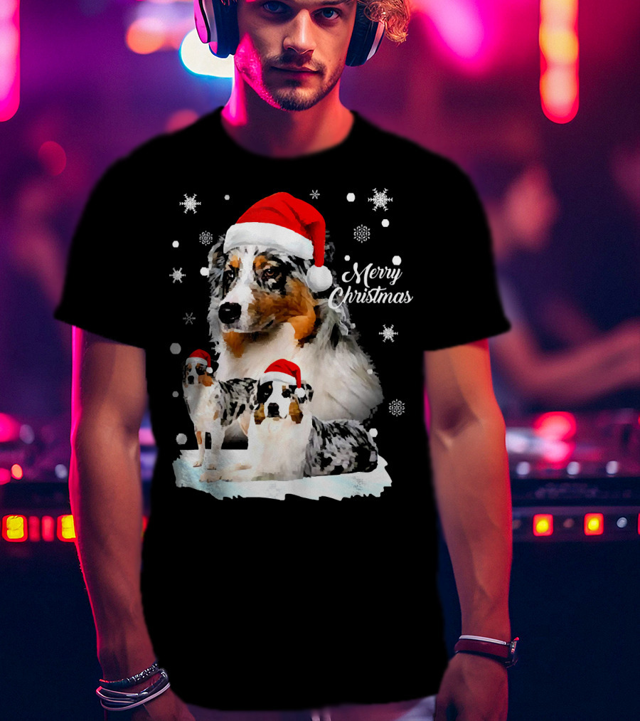 Australian Shepherds Merry Christmas Santa Hats Snowflakes T-Shirt