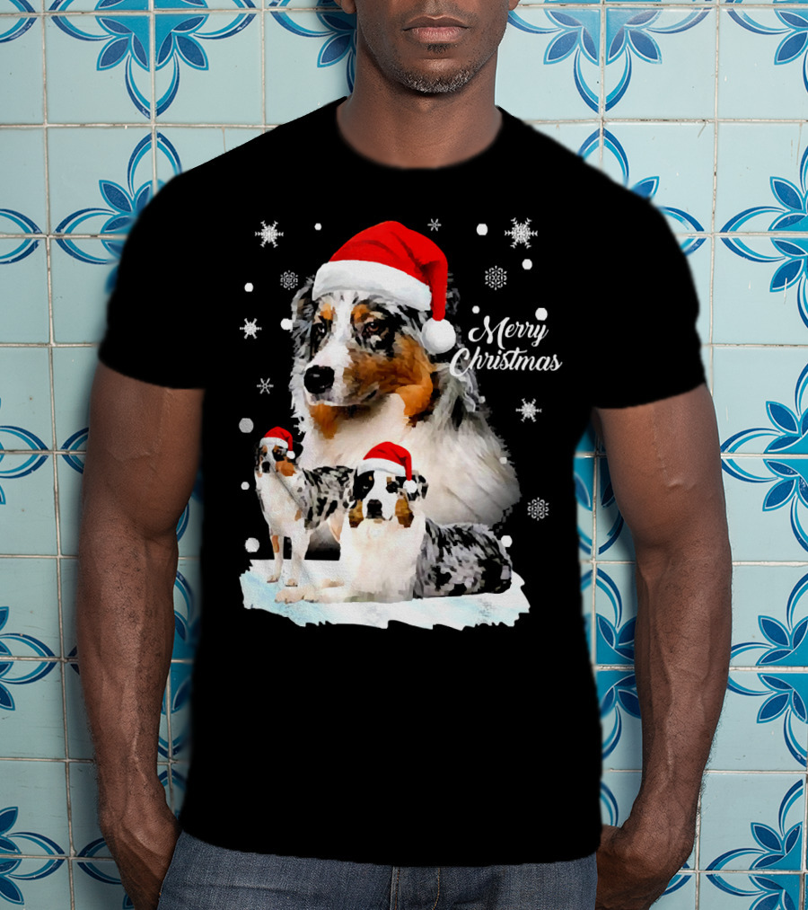 Australian Shepherds Merry Christmas Santa Hats Snowflakes T-Shirt
