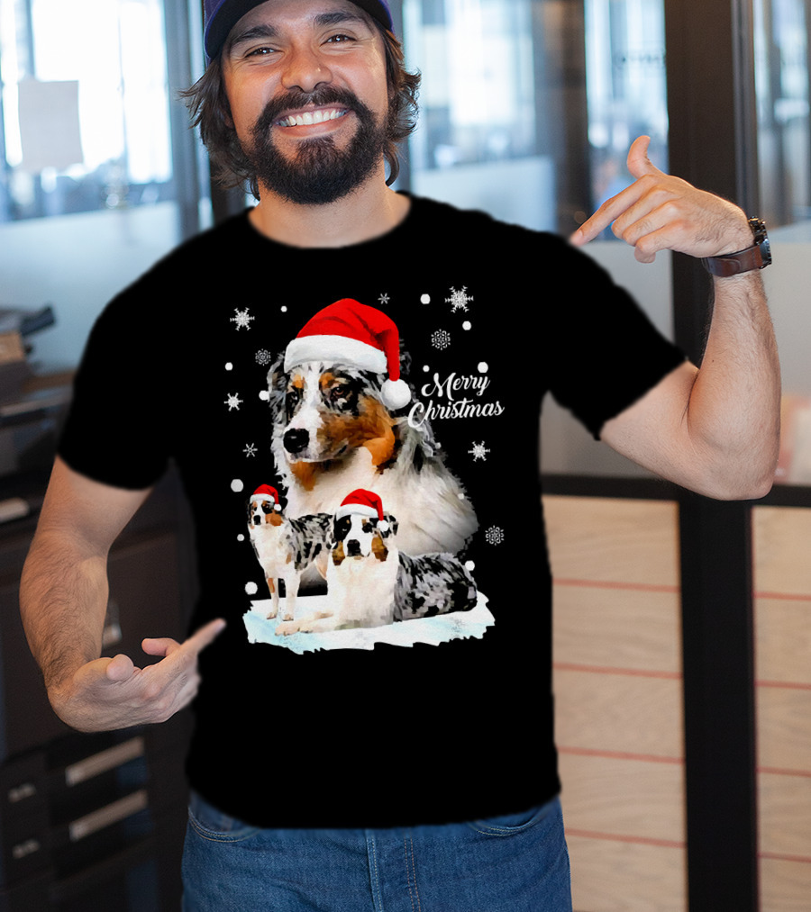 Australian Shepherds Merry Christmas Santa Hats Snowflakes T-Shirt