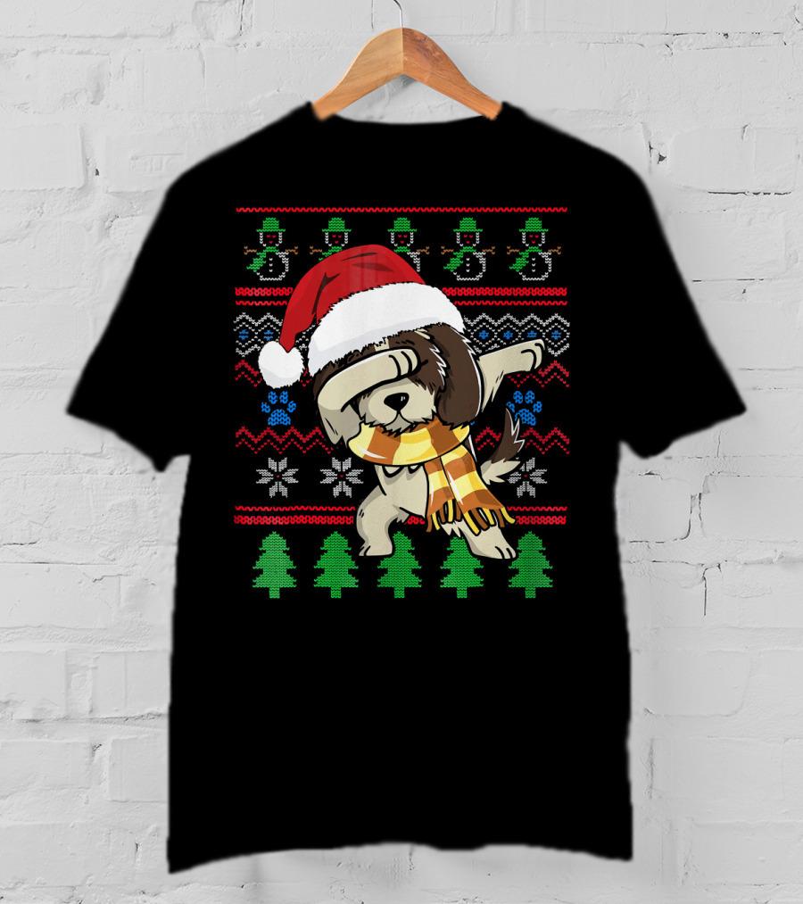 Shih Tzu Dabbing UglyStyle Christmas Santa Hat Scarf Snowflakes Trees T-Shirt