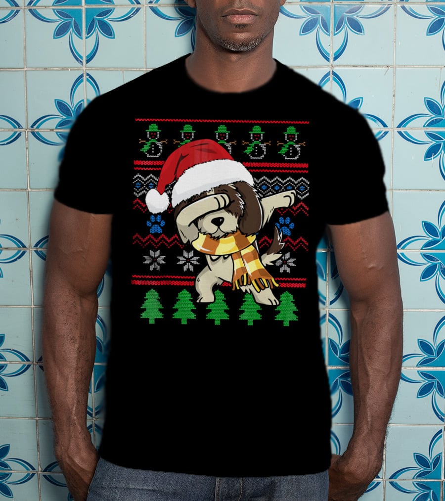 Shih Tzu Dabbing UglyStyle Christmas Santa Hat Scarf Snowflakes Trees T-Shirt