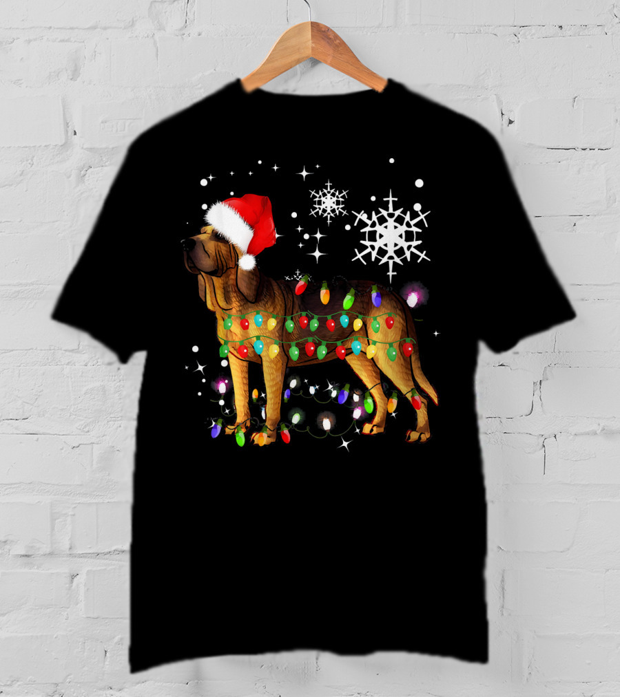 Bloodhound Dog Wrapped In Christmas Lights Santa Hat Snowflakes T-Shirt