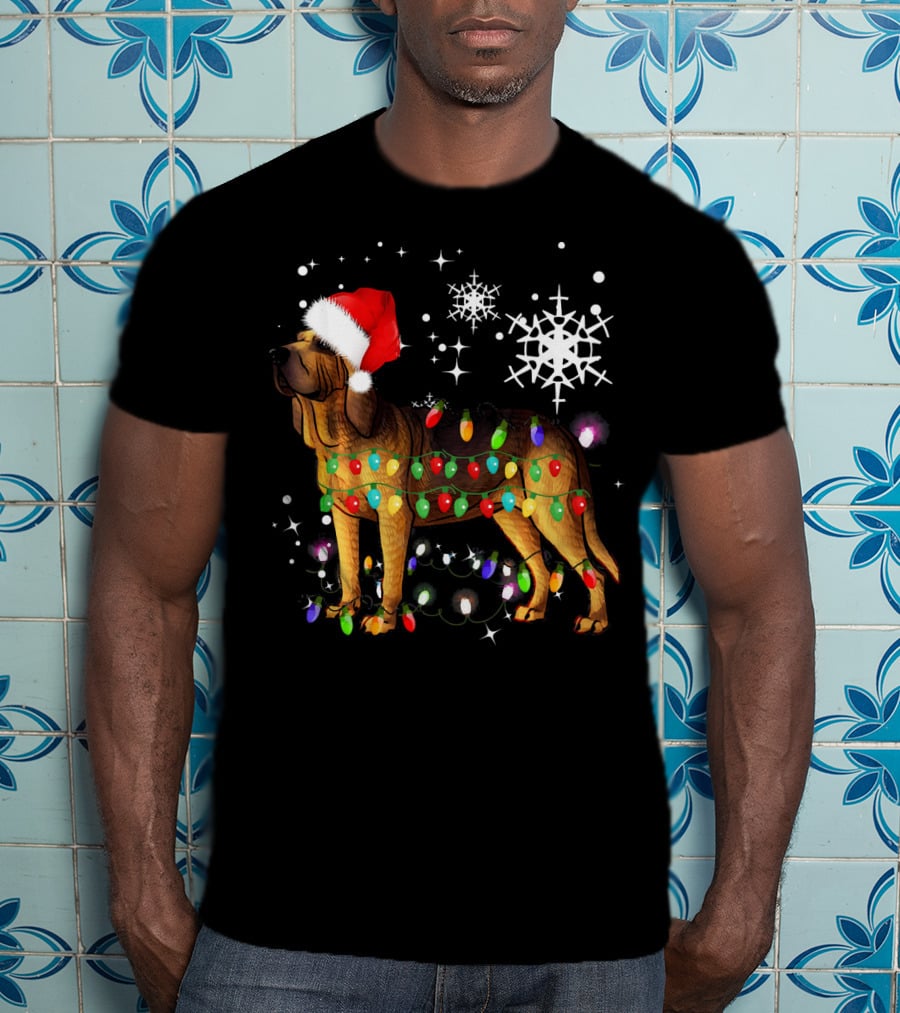Bloodhound Dog Wrapped In Christmas Lights Santa Hat Snowflakes T-Shirt
