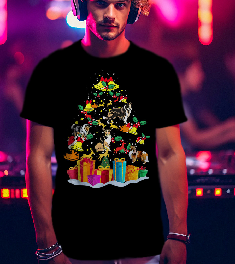 Rough Collie Christmas Tree Funny Reindeer Presents Holiday Bells T-Shirt