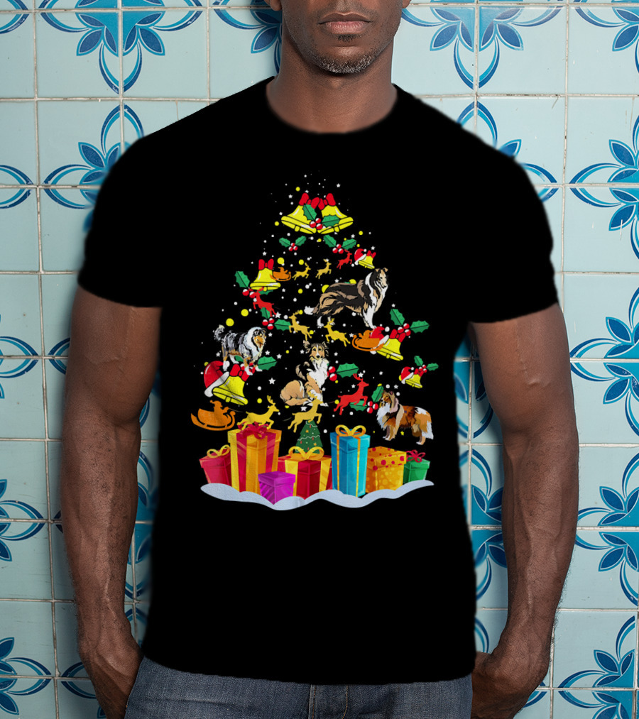 Rough Collie Christmas Tree Funny Reindeer Presents Holiday Bells T-Shirt