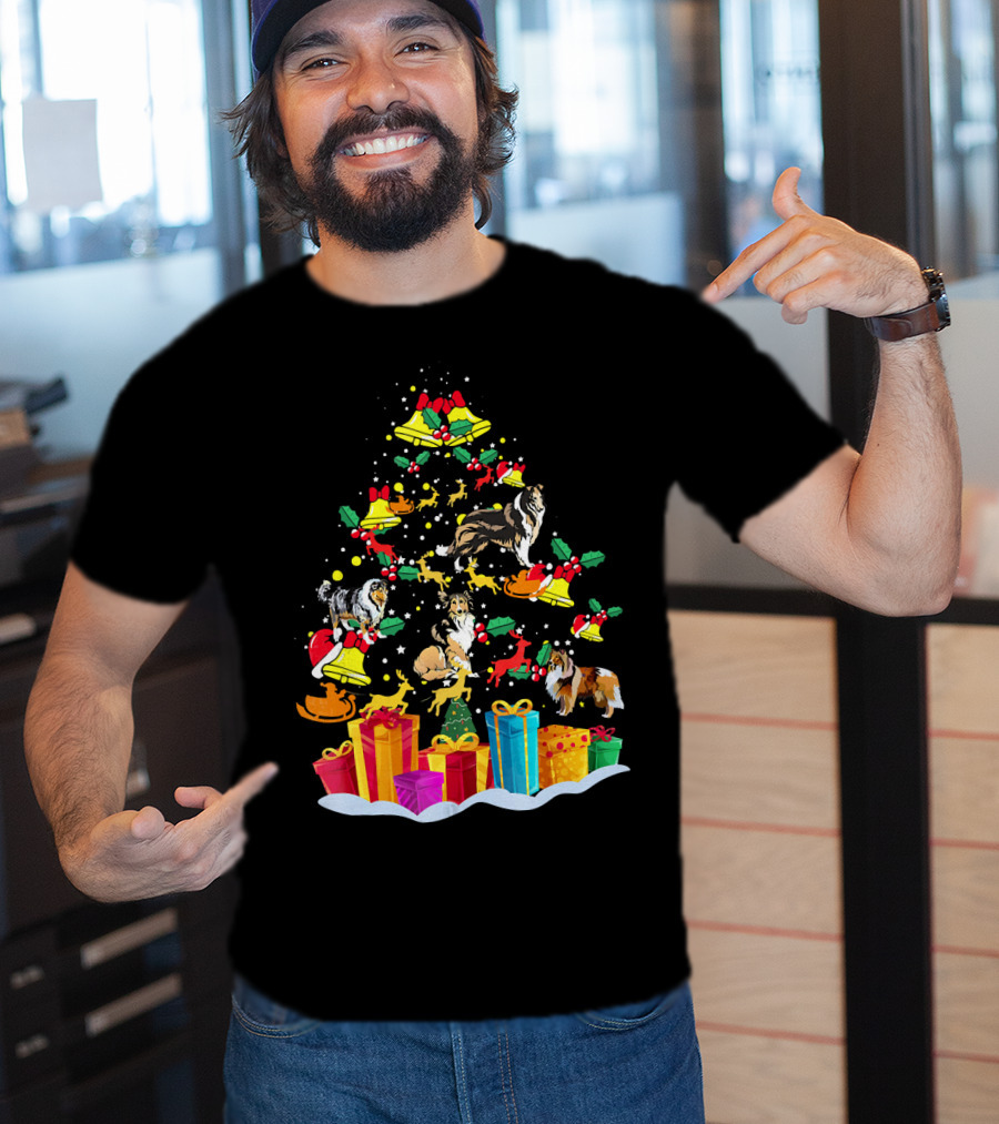 Rough Collie Christmas Tree Funny Reindeer Presents Holiday Bells T-Shirt