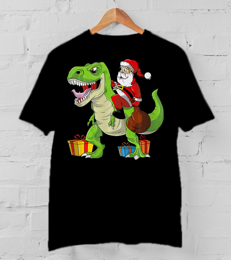 Funny Christmas Kids Santa Riding Dinosaur With Gifts T-Shirt