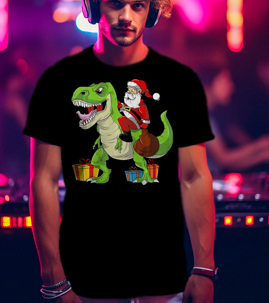 Funny Christmas Kids Santa Riding Dinosaur With Gifts T-Shirt
