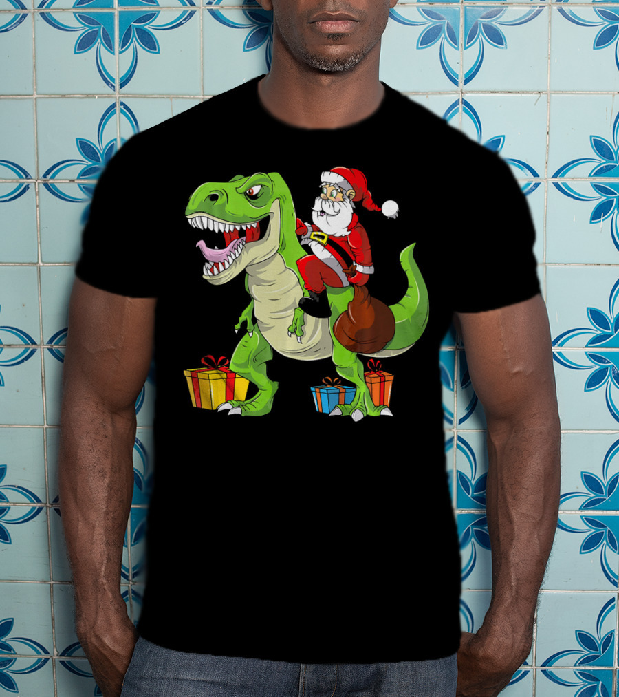 Funny Christmas Kids Santa Riding Dinosaur With Gifts T-Shirt