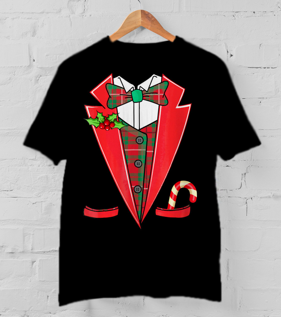 Tux Christmas Fancy Xmas Costume Red Suit Bow Candy Cane T-Shirt