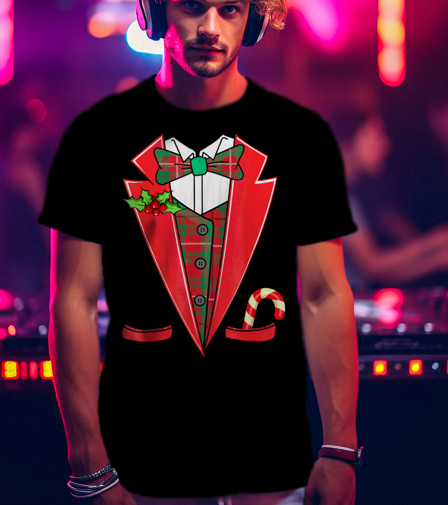 Tux Christmas Fancy Xmas Costume Red Suit Bow Candy Cane T-Shirt